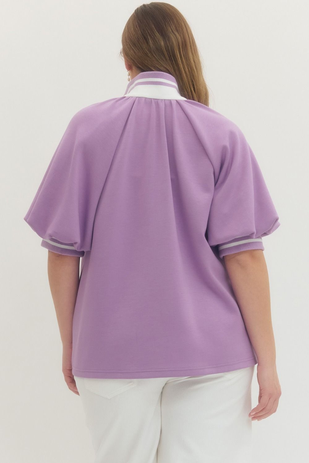 Lavender Solid short puff raglan sleeve knit top