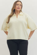 Cream Solid 3/4 sleeve knit top featuring open V-neck collar