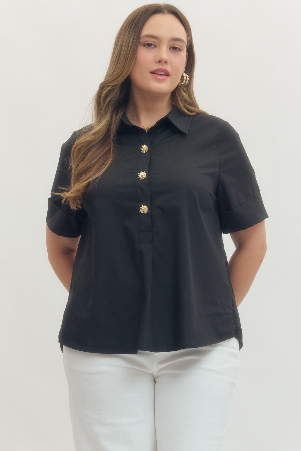 Black Solid short-sleeve top featuring front gold decorative button placket