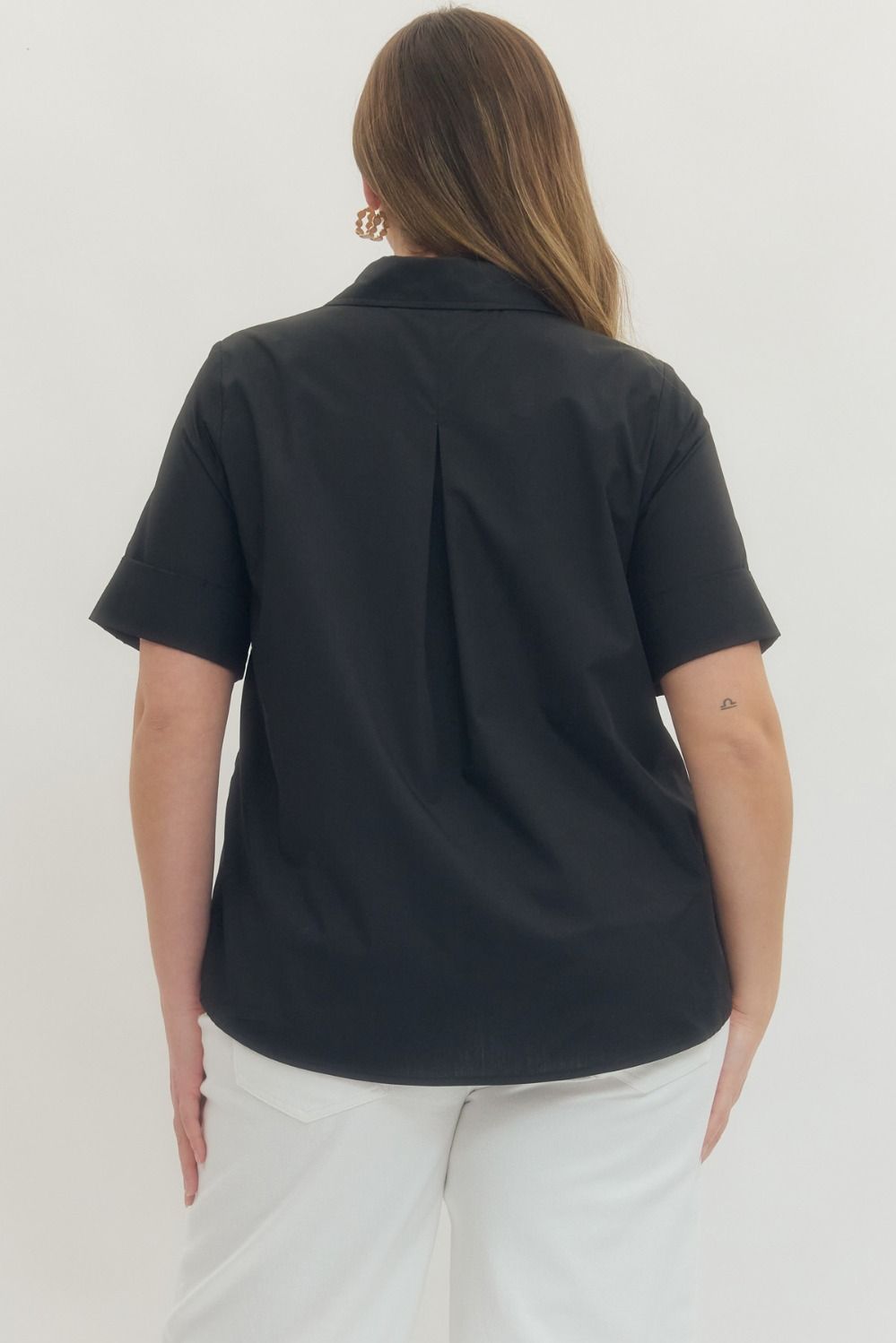 Black Solid short-sleeve top featuring front gold decorative button placket