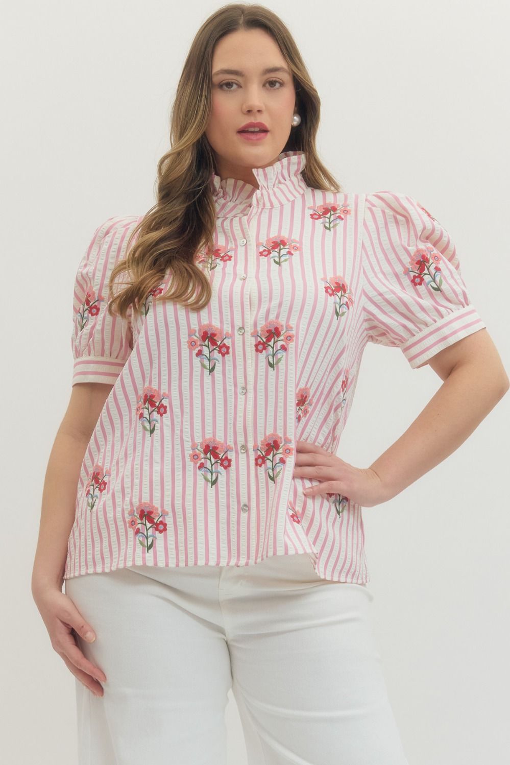 Red White Stripe short puff sleeve top featuring floral embroidery