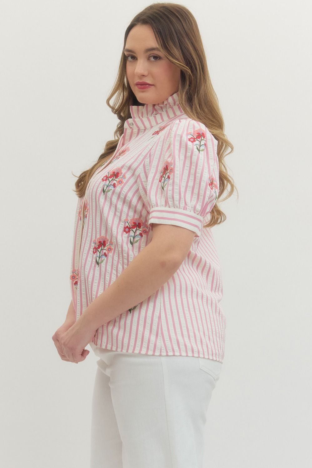 Red White Stripe short puff sleeve top featuring floral embroidery