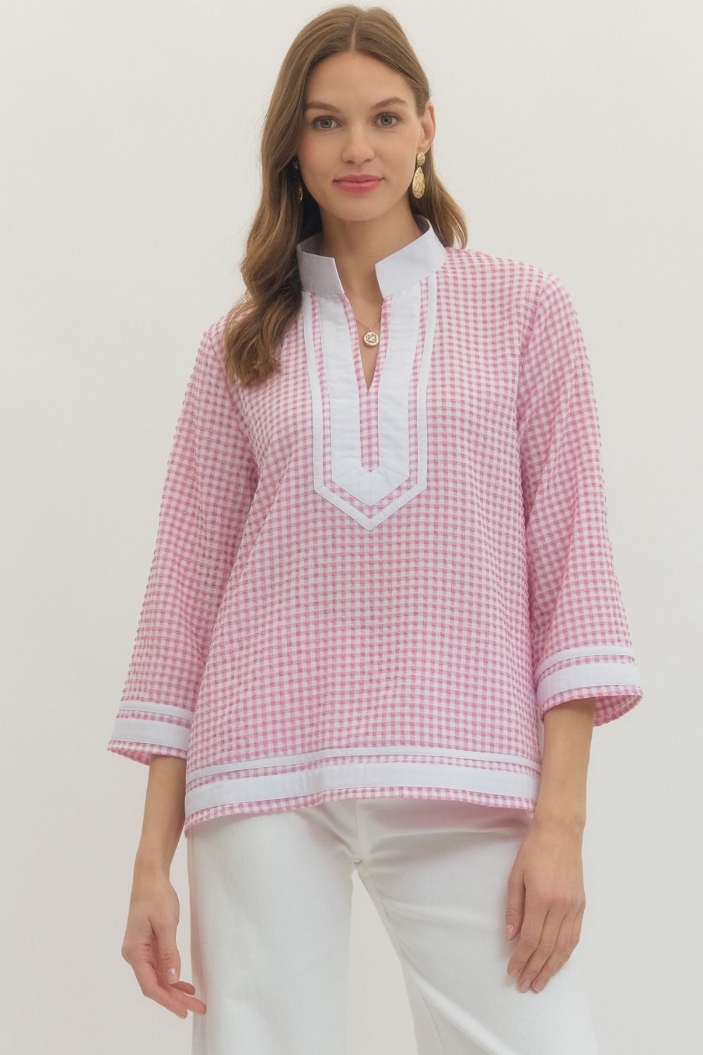 Pink Gingham 3/4 sleeve top featuring contrast trim V-neck band collar