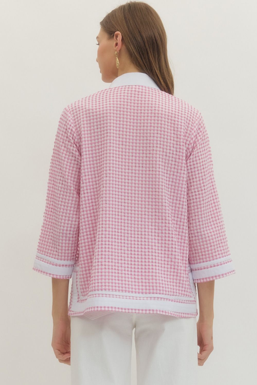 Pink Gingham 3/4 sleeve top featuring contrast trim V-neck band collar