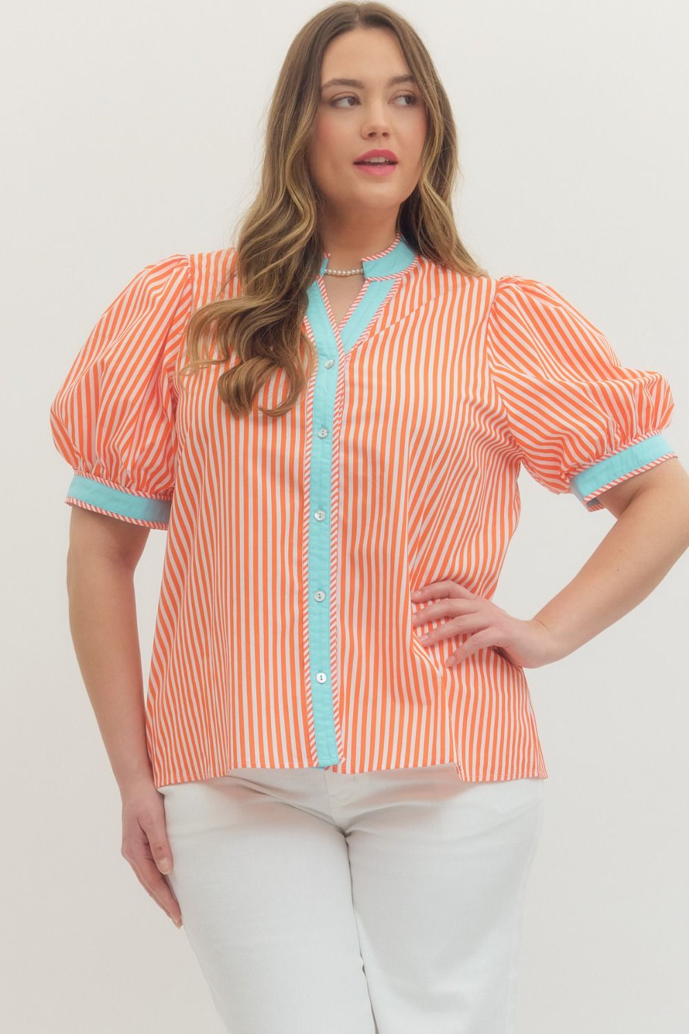 Orange and White Stripe print short puff sleeve top