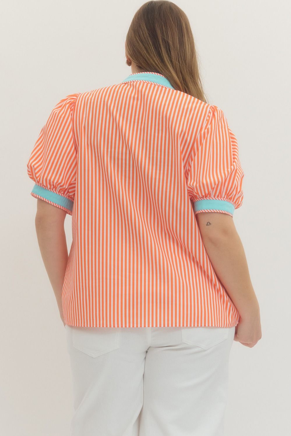 Orange and White Stripe print short puff sleeve top