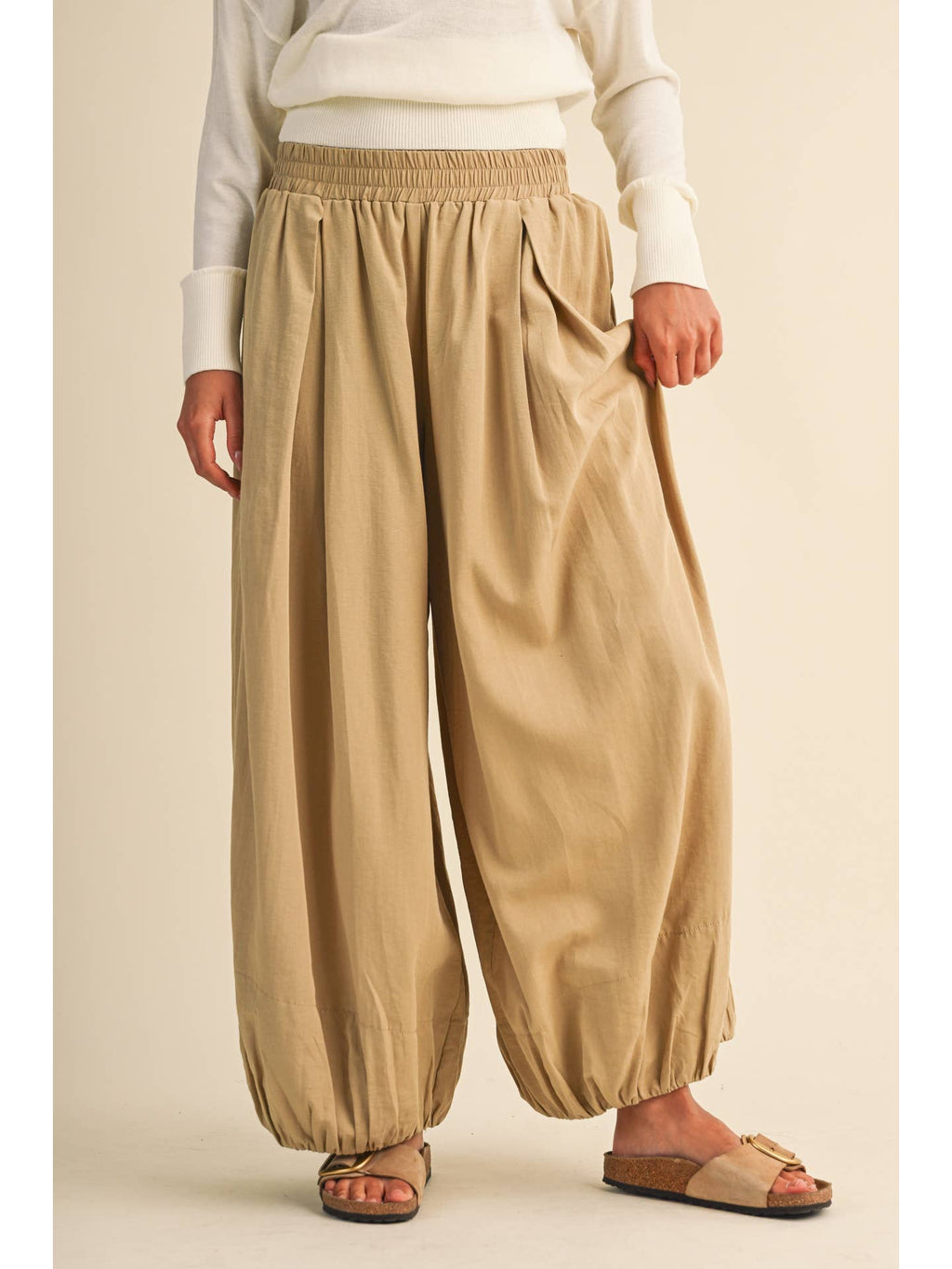 Khaki Balloon Fit Elastic Waist Relaxed Fit Pants