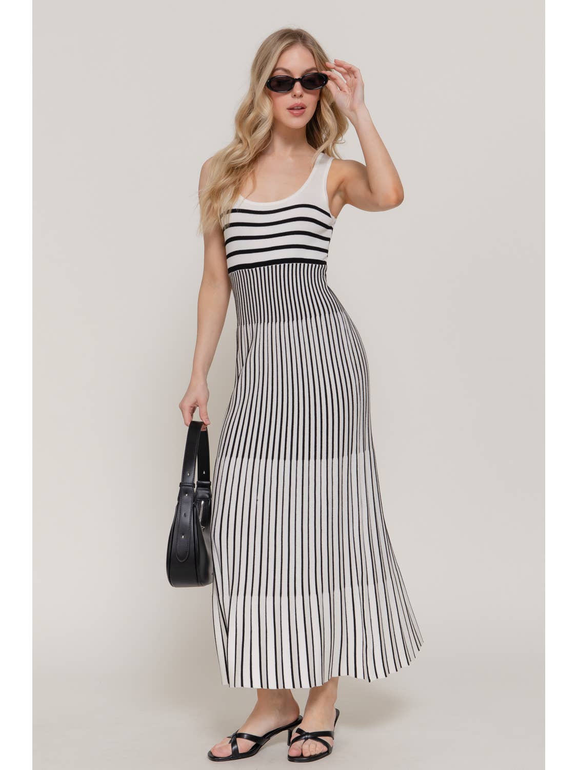 Black and White Stripe Sleeveless Double Scoop Neck Striped Long Dress