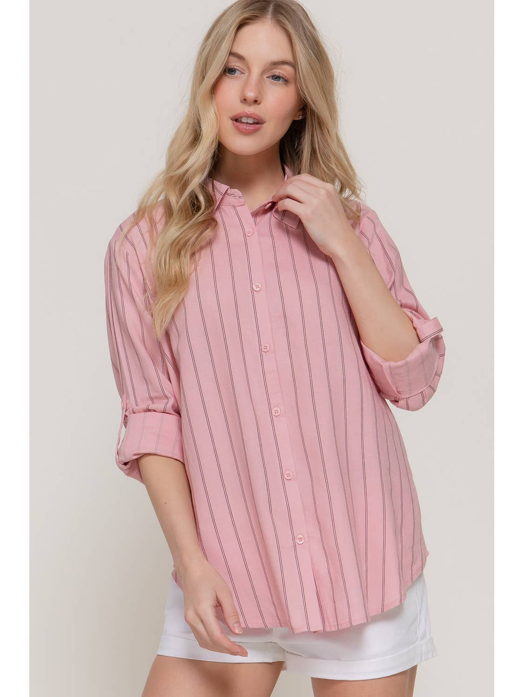 Pink & Black Stripe Long Sleeve Button Down Stripe Linen Oversized Shirt