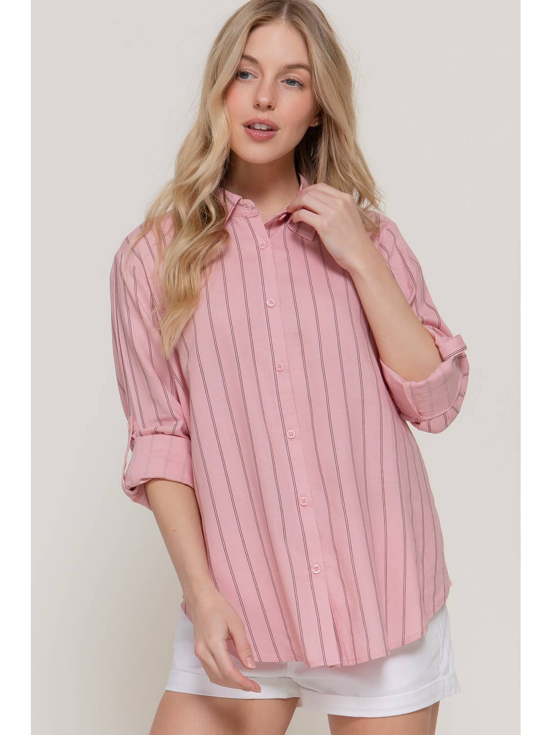 Pink & Black Stripe Long Sleeve Button Down Stripe Linen Oversized Shirt