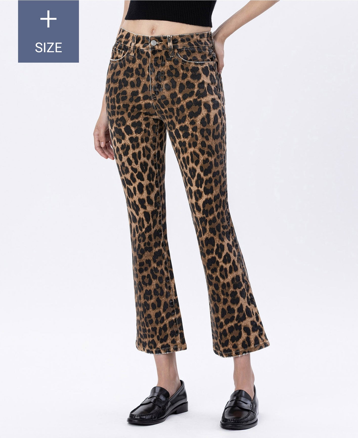Plus High Rise Leopard Print Kick Flare Jeans