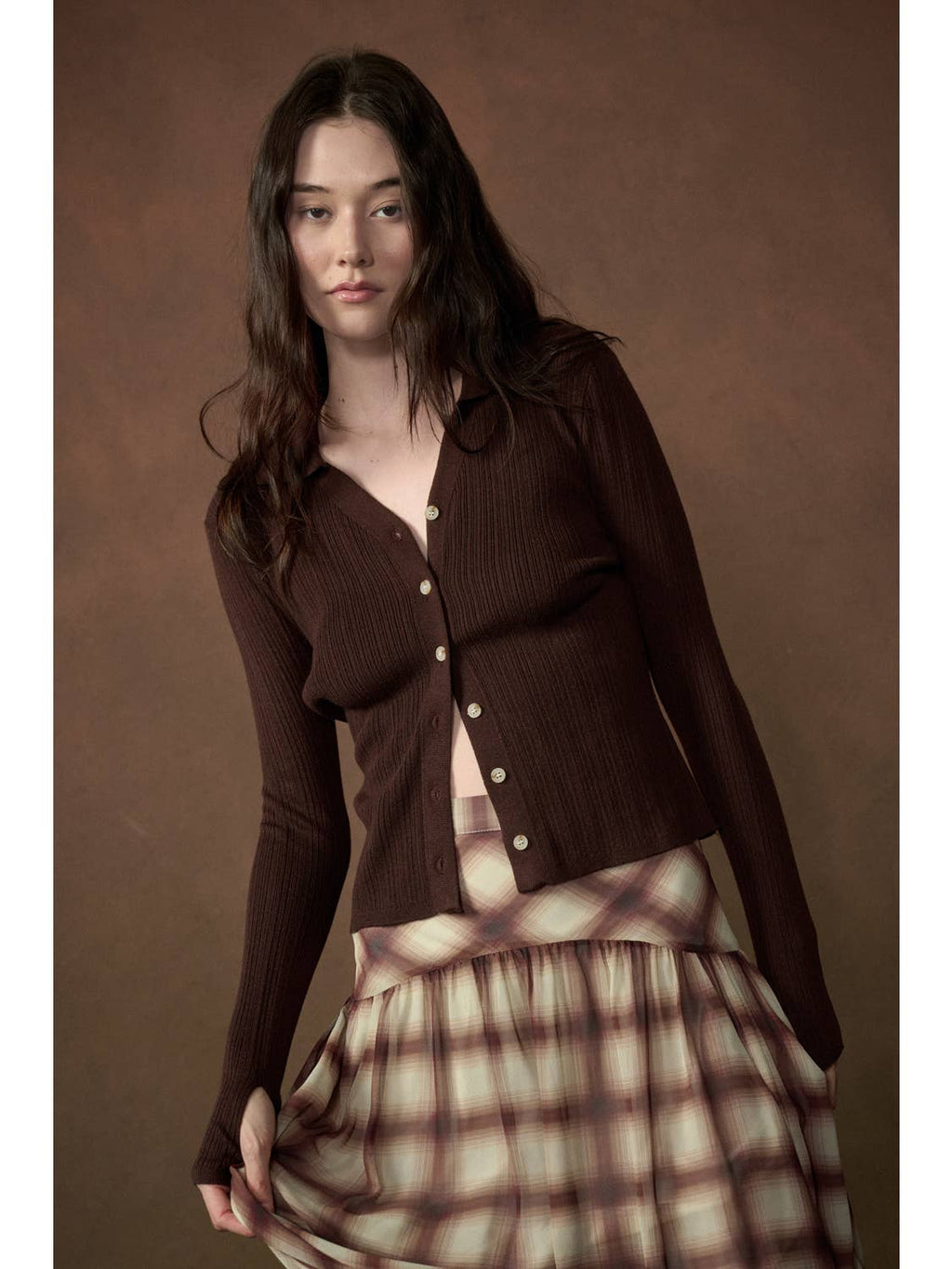 Ribbed Knit Collared Button-Up Thumbhole Cardigan Sweater - Chocolate