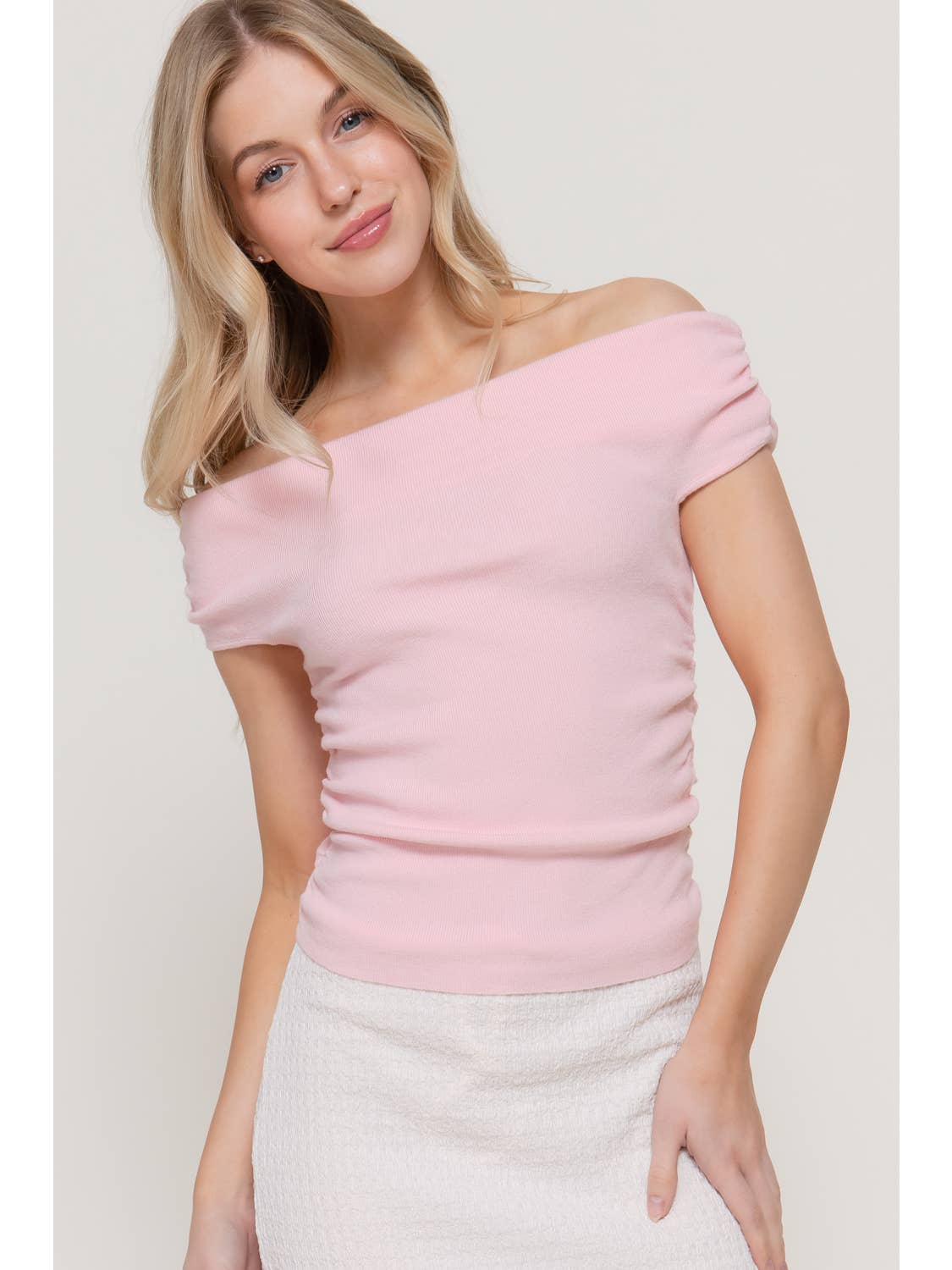 Pink Blush Off the Shoulder Side Ruched Sweater Top