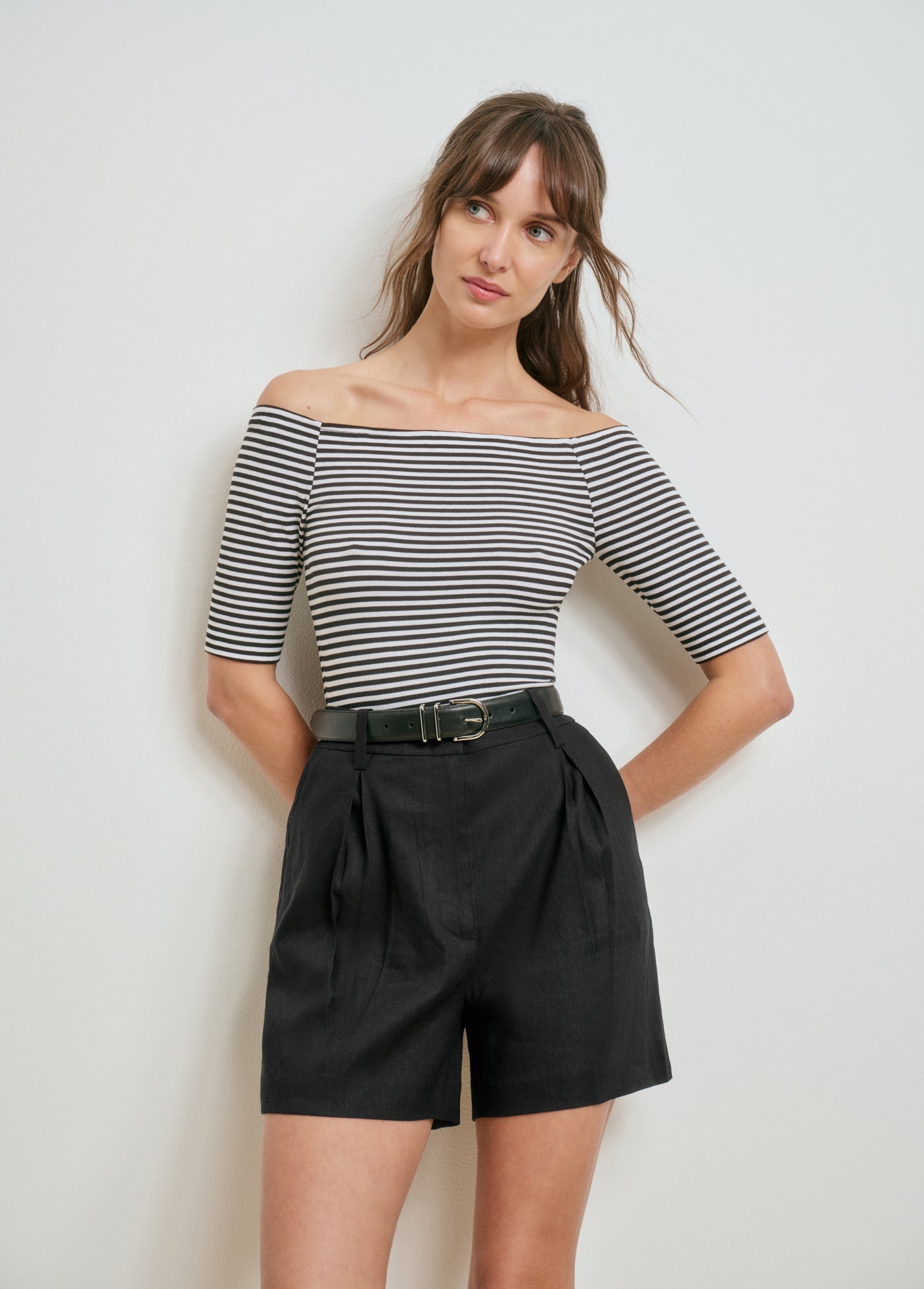 THE SARA HALF SLEEVE TOP - BLACK WHITE STRIPE