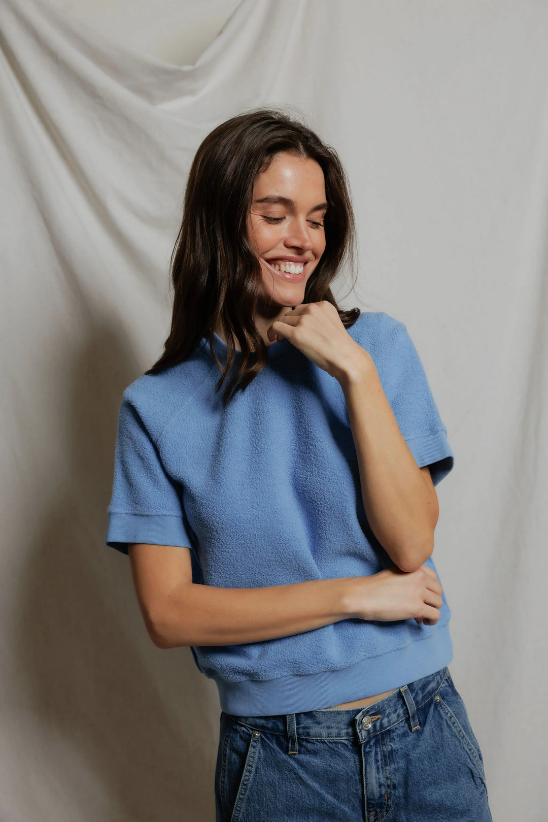 Kennedy reverse fleece short sleeve crew neck sweatshirt in Pacific Blue