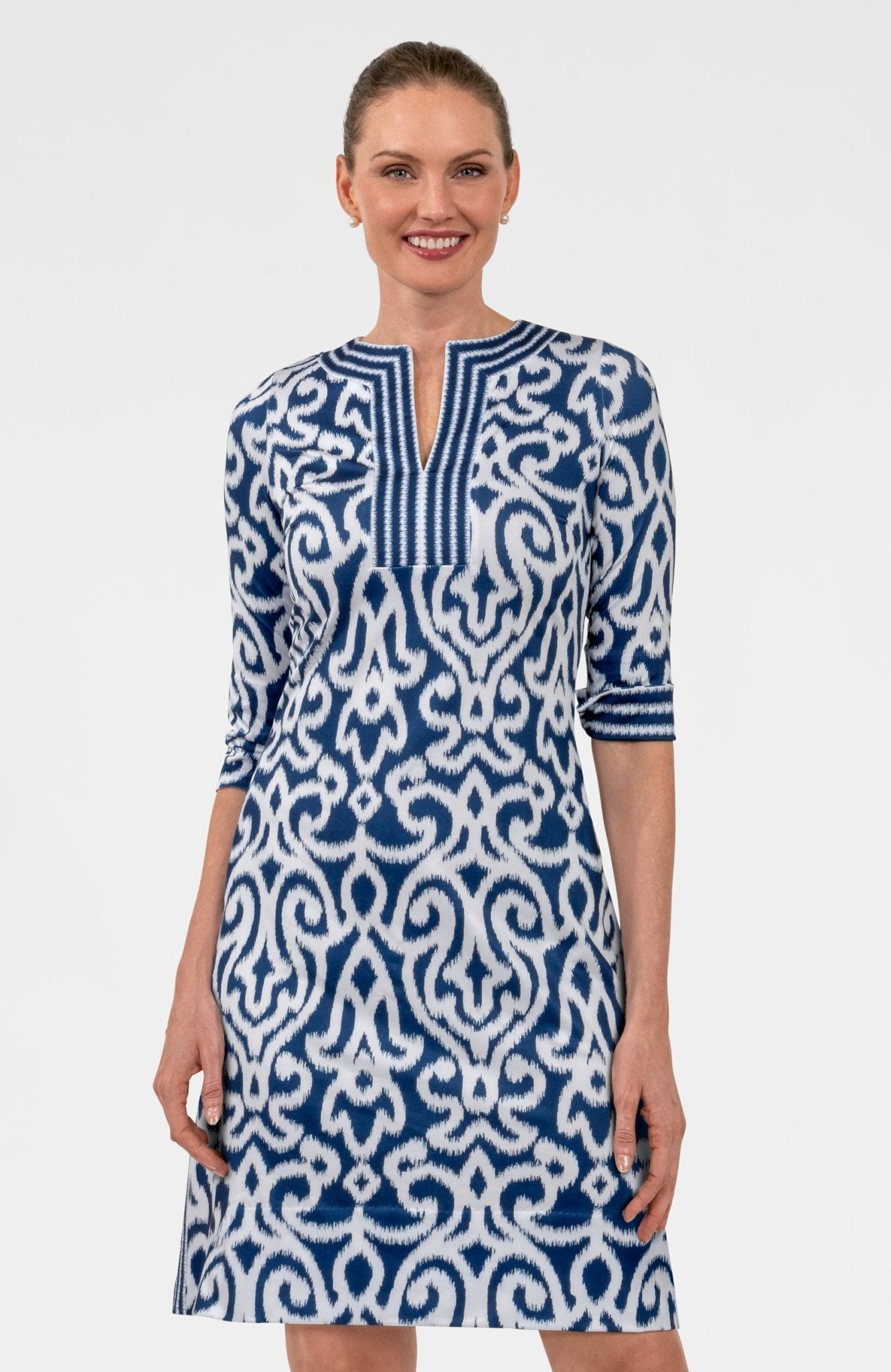 Split Neck Jersey Dress - Arabesque Navy