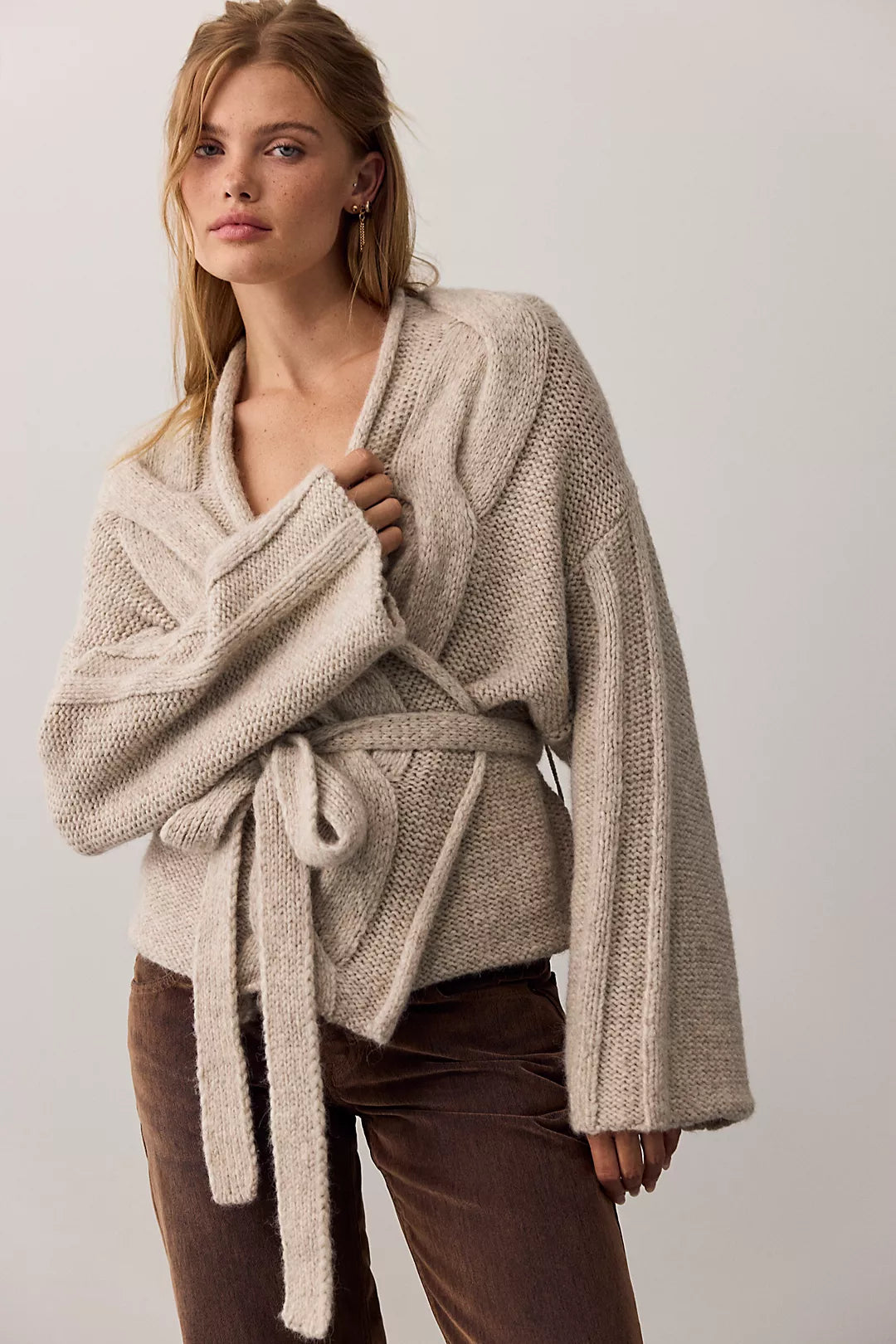 Enlaced Cable Knit Wrap Cardi - Taupe