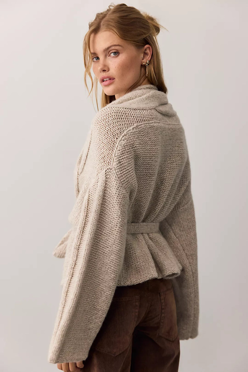 Enlaced Cable Knit Wrap Cardi - Taupe